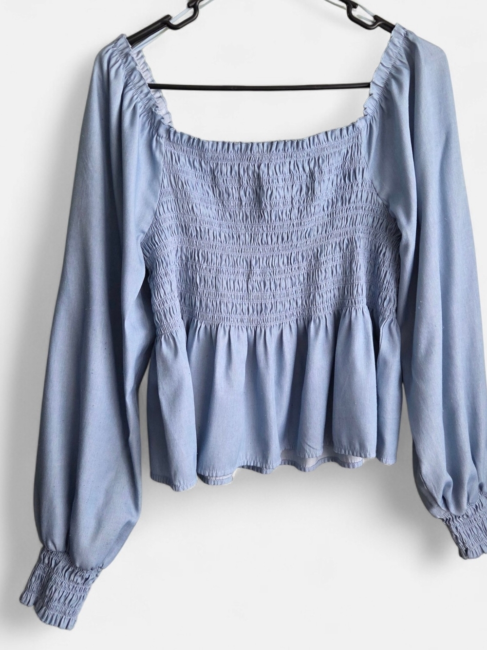 Candie's Light Blue Smocked Square-Neck Peplum Blouse